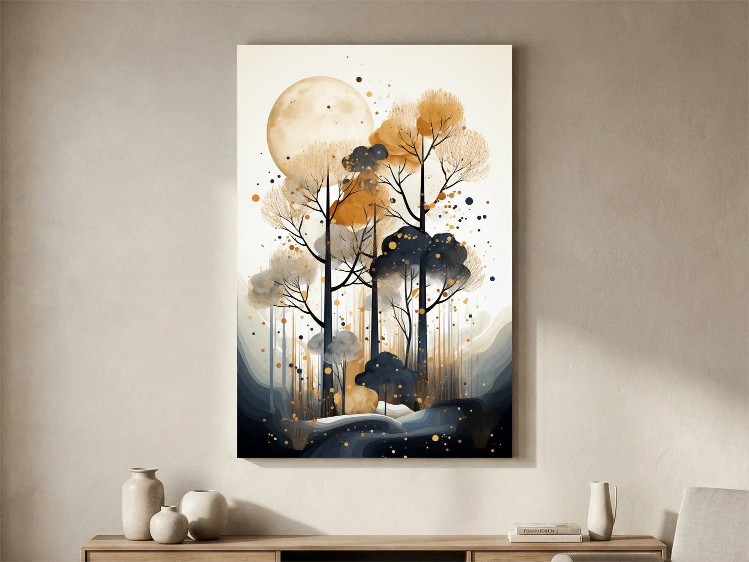 Surreal Chic Moonlit Boho Forest Illustration - Modern Botanical Wall Art