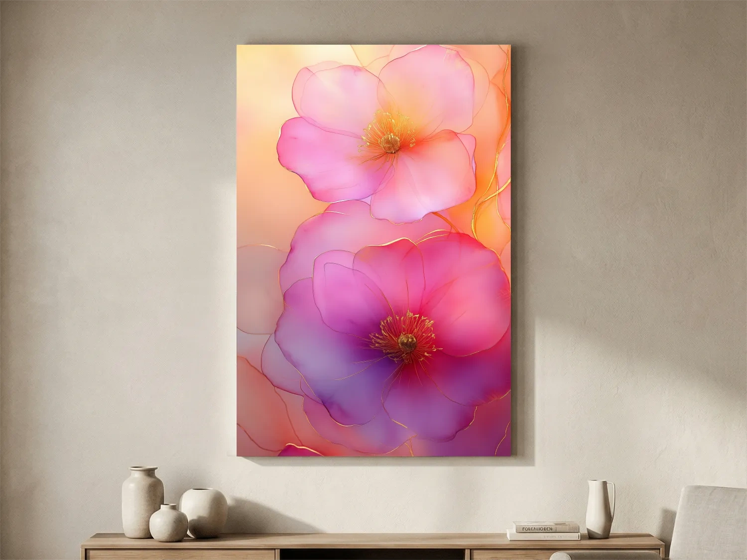 Ethereal Pink Watercolor Blossoms With Gold Accents - Floral Botanical Wall Art