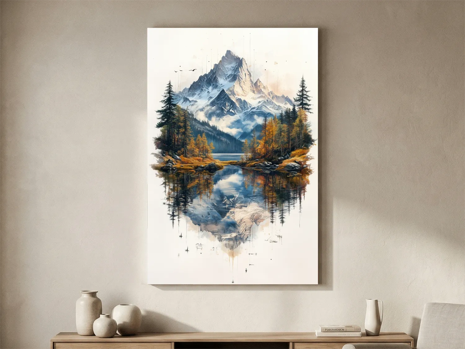 Misty Alpine Mountain Lake Painting - Autumn Pine Forest Tattoo Style Wall Art
