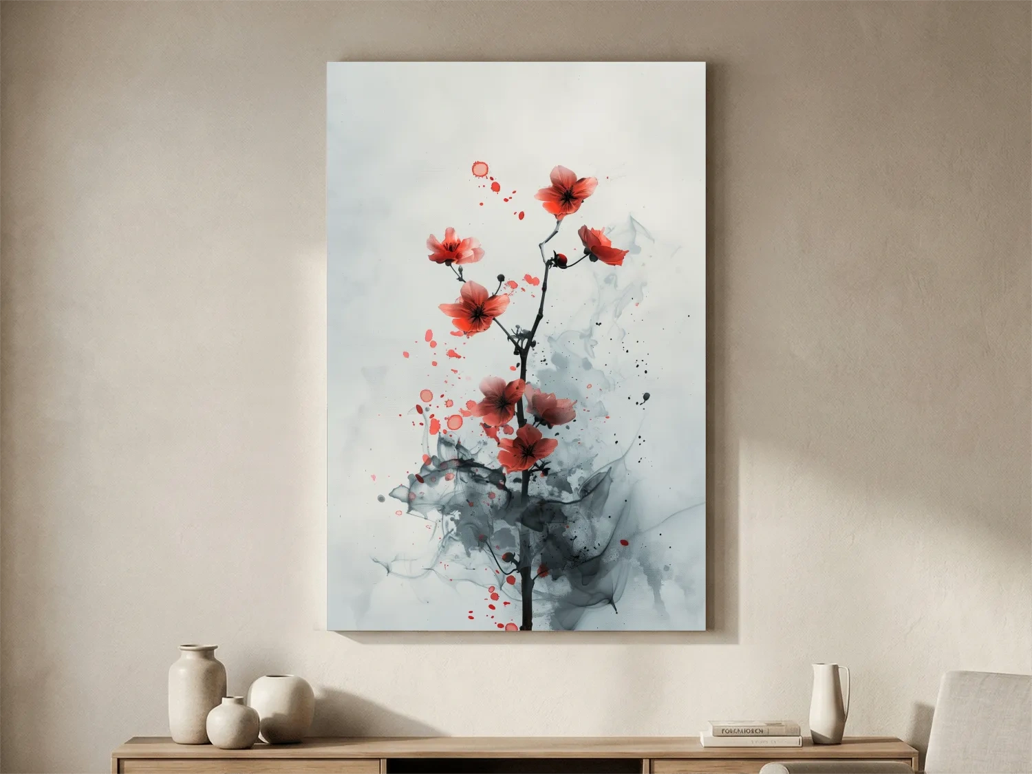 Red Cherry Blossom Ink Wash Painting - Minimalist Floral Wall Art