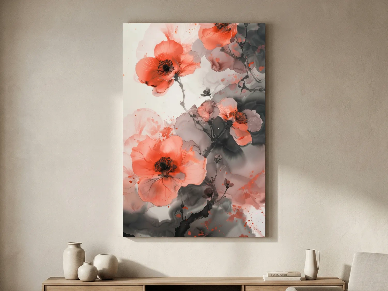 Poppy Blossom Ink Wash Painting - Floral Botanical Watercolor Artwork