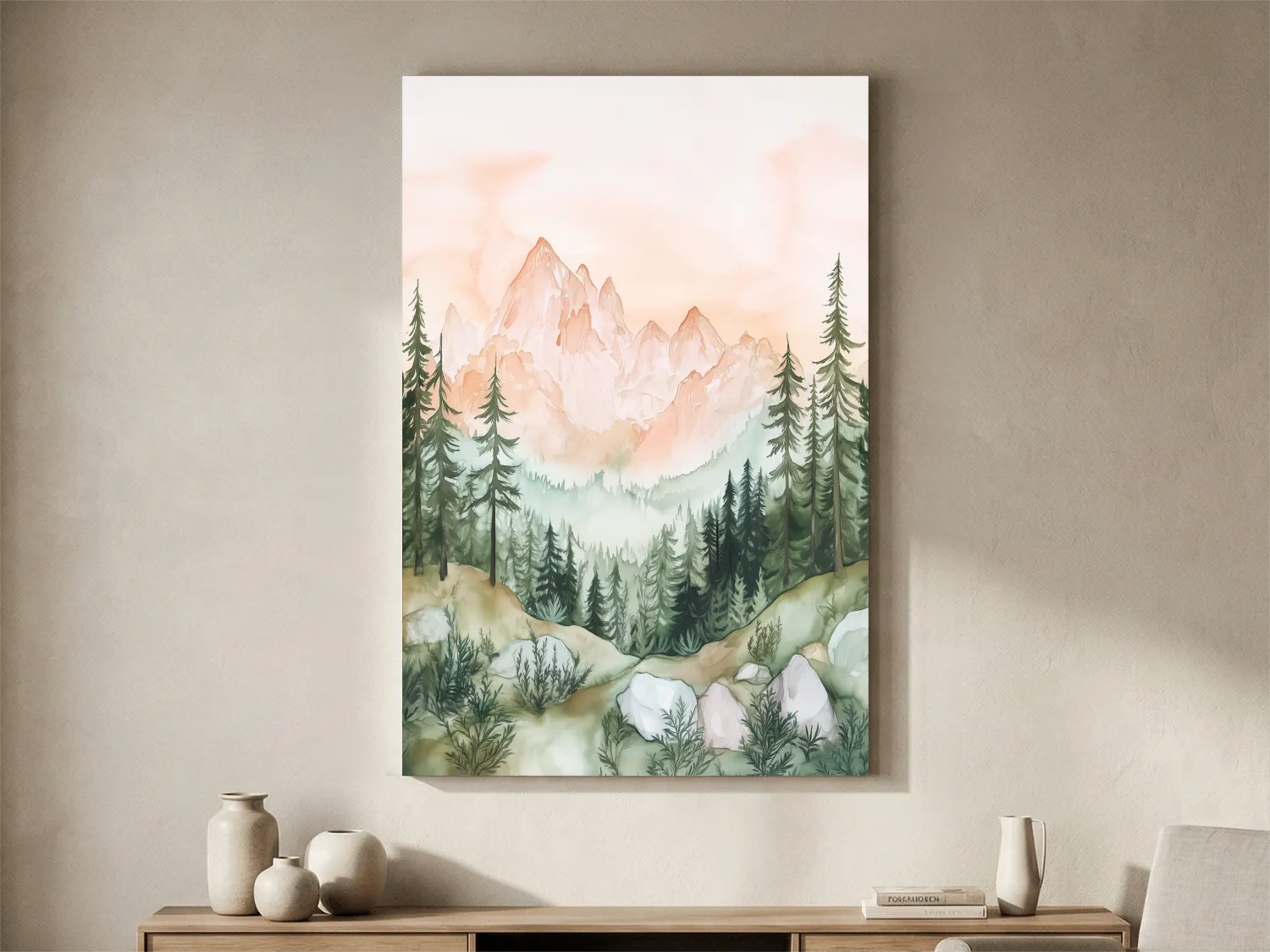 Pastel Watercolor Mountain Peaks & Pine Forest - Serene Alpine Landscape Artwork