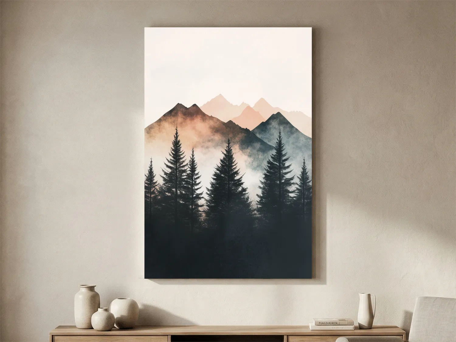 Misty Watercolor Mountain Pine Forest - Serene Nordic Wall Art