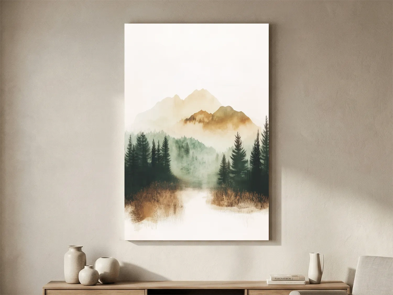 Misty Watercolor Mountain Lake & Pine Forest - Serene Nature Landscape Wall Art