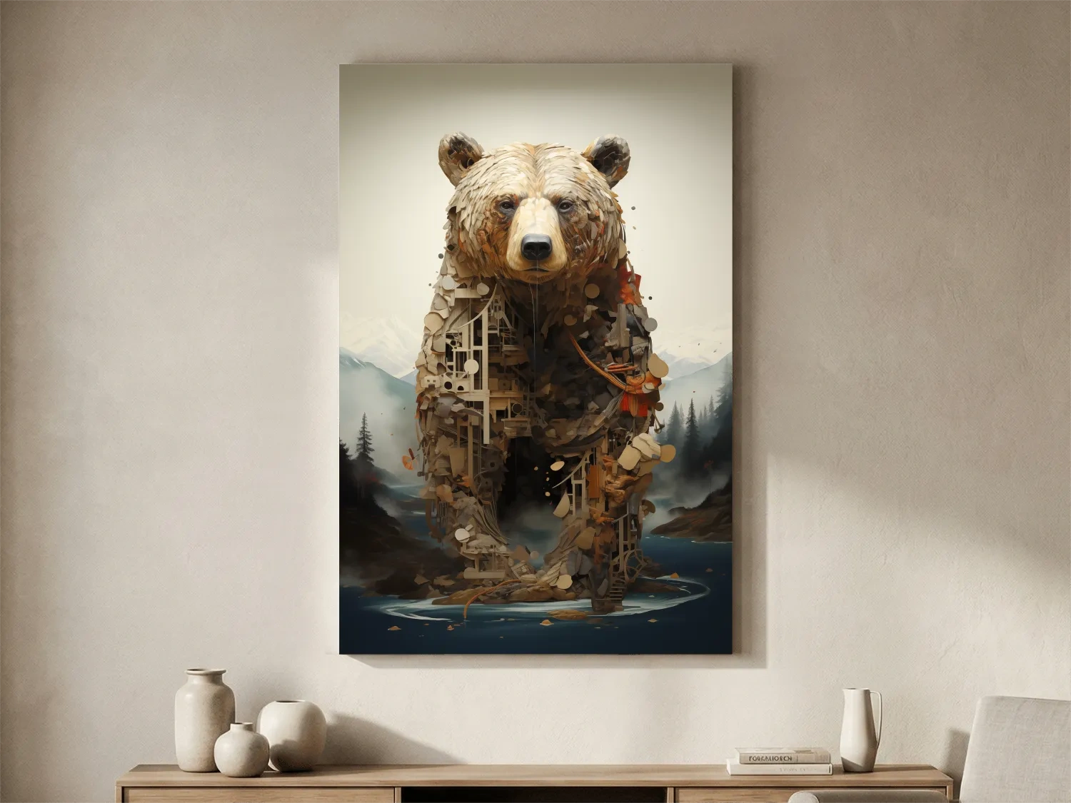 Surreal Grizzly Bear Collage Illustration - MC Escher Style Wildlife Wall Art