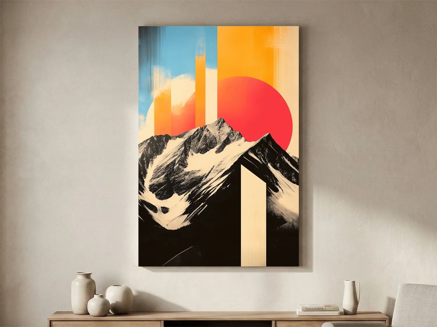 Retro Snowcapped Mountain Sunset Collage - Modern Geometric Landscape Wall Art