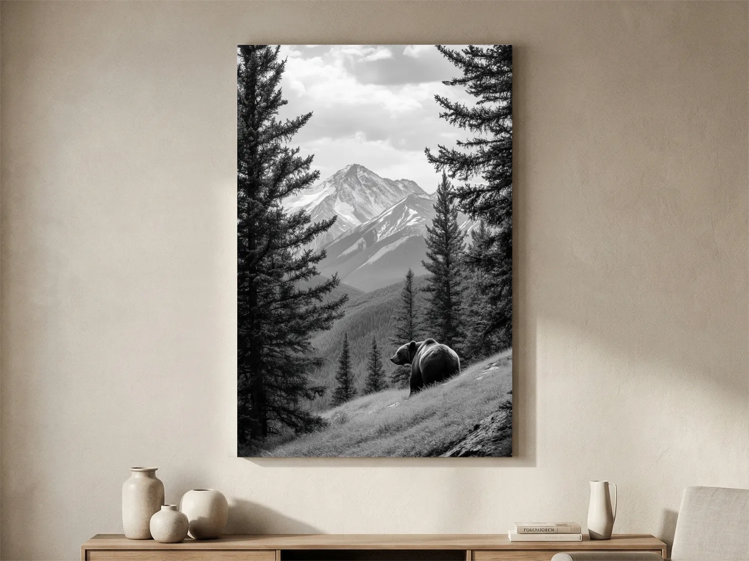 Black And White Grizzly Bear Alpine Meadow - Wilderness Nature Photography Wall Art