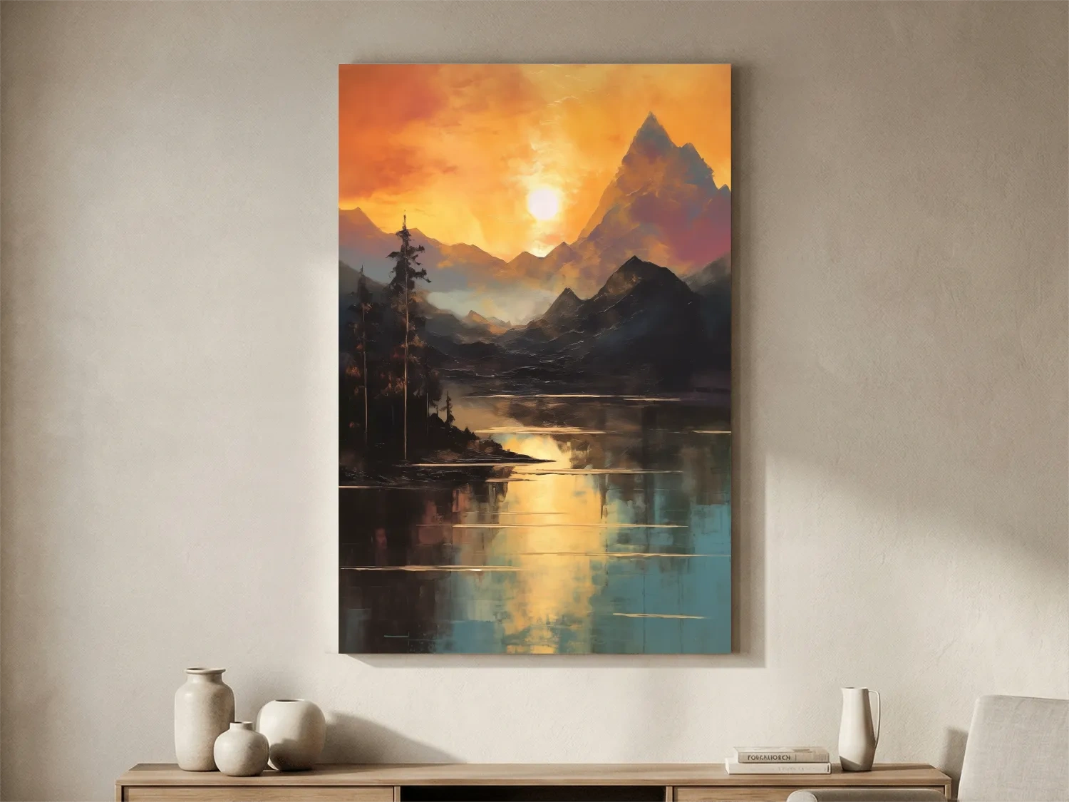Golden Sunset Alpine Lake Reflection - Mountain Oil Painting Wall Art