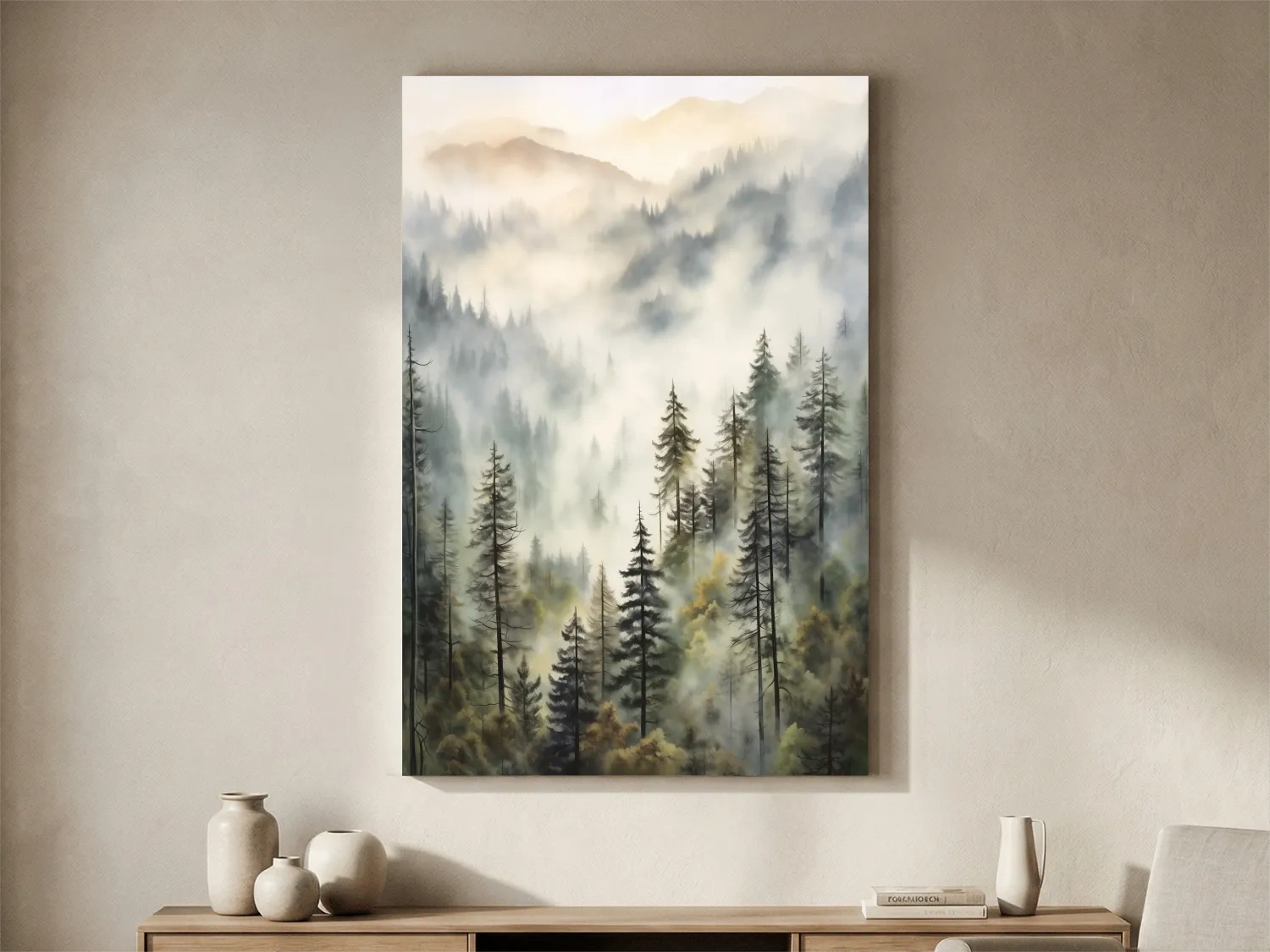 Misty Pine Forest Mountains Watercolor - Serene Foggy Landscape Wall Art