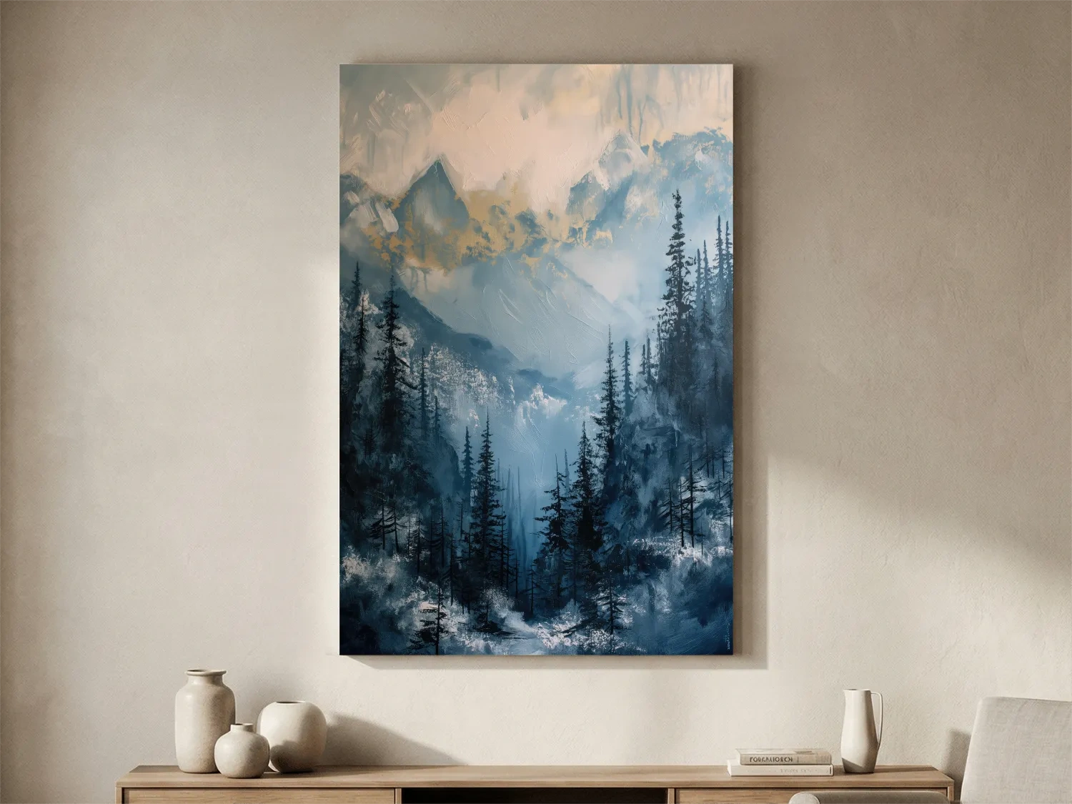 Moody Misty Blue Mountain Forest Painting - Alpine Landscape Wall Art