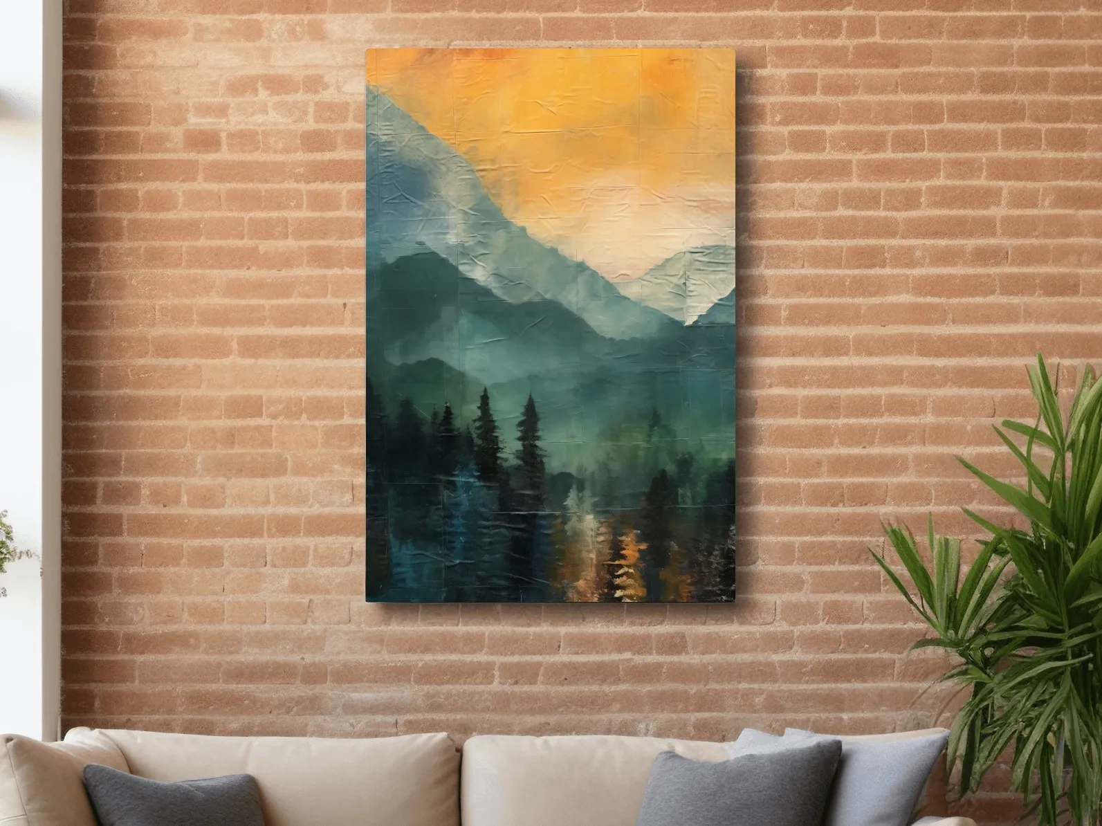 Rustic textured style art, mountains at sunset