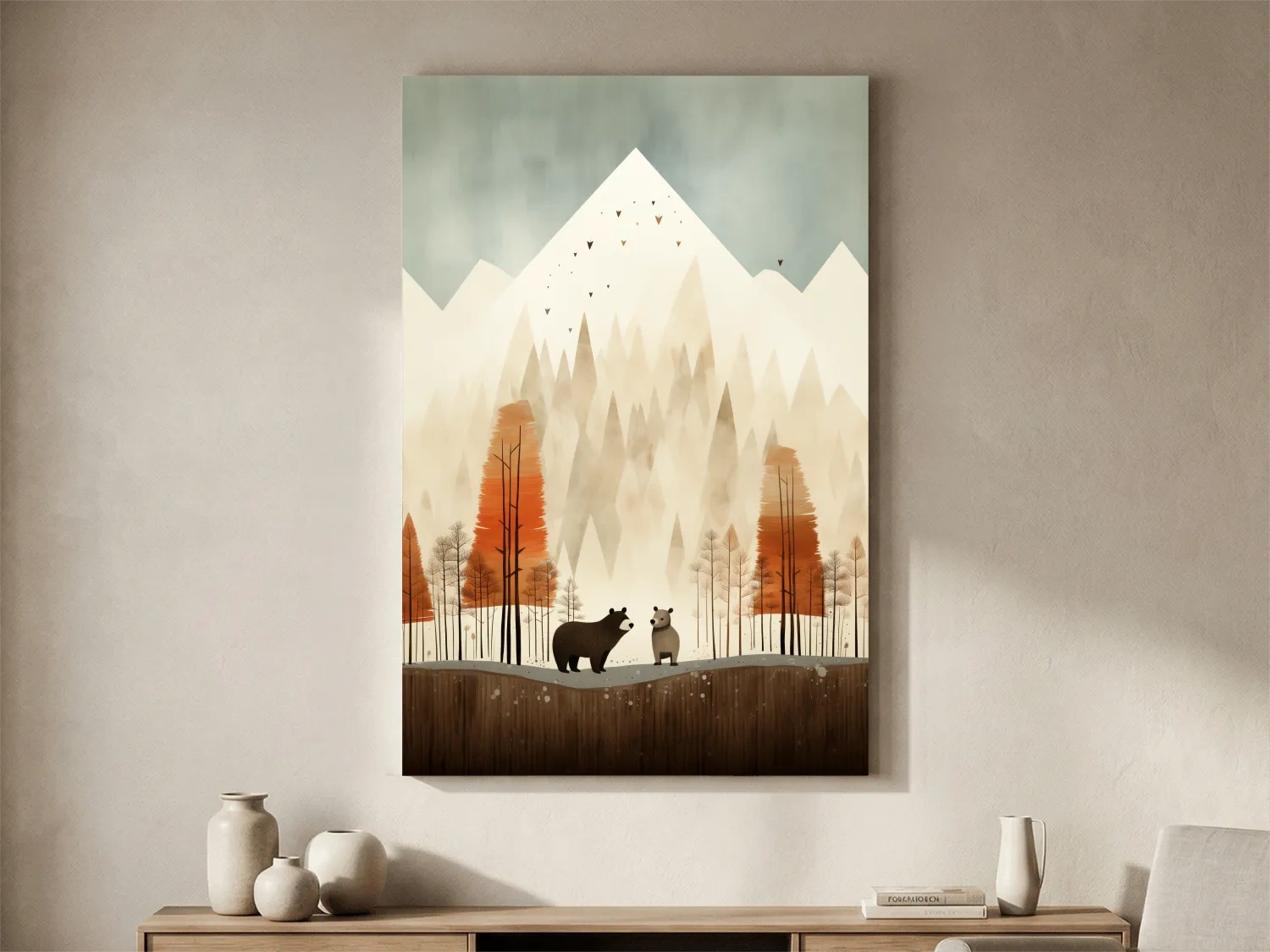 Whimsical Bear Family Autumn Forest Illustration - Nursery Woodland Wall Art