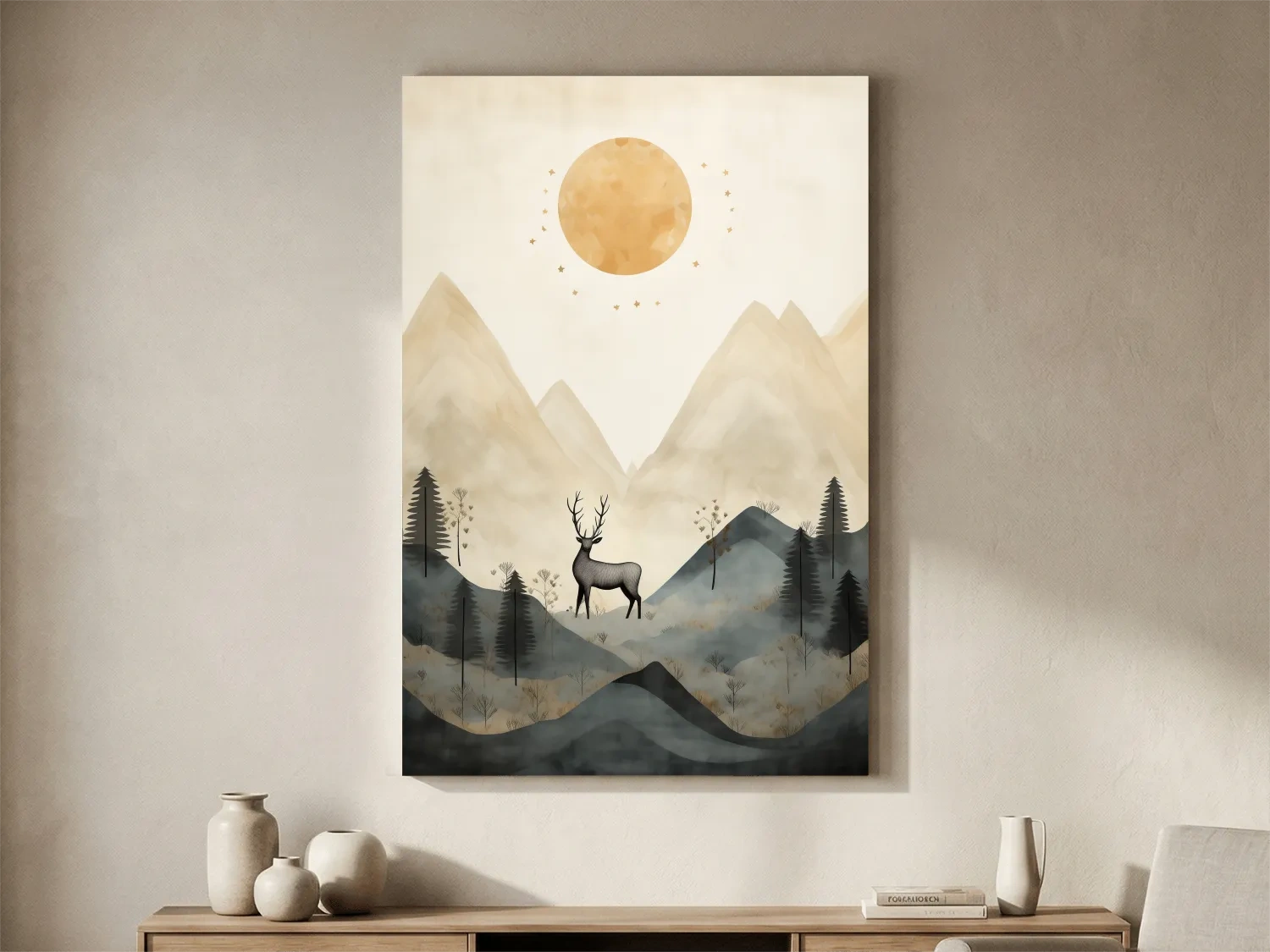Boho Deer In Misty Mountains - Woodland Landscape Wall Art