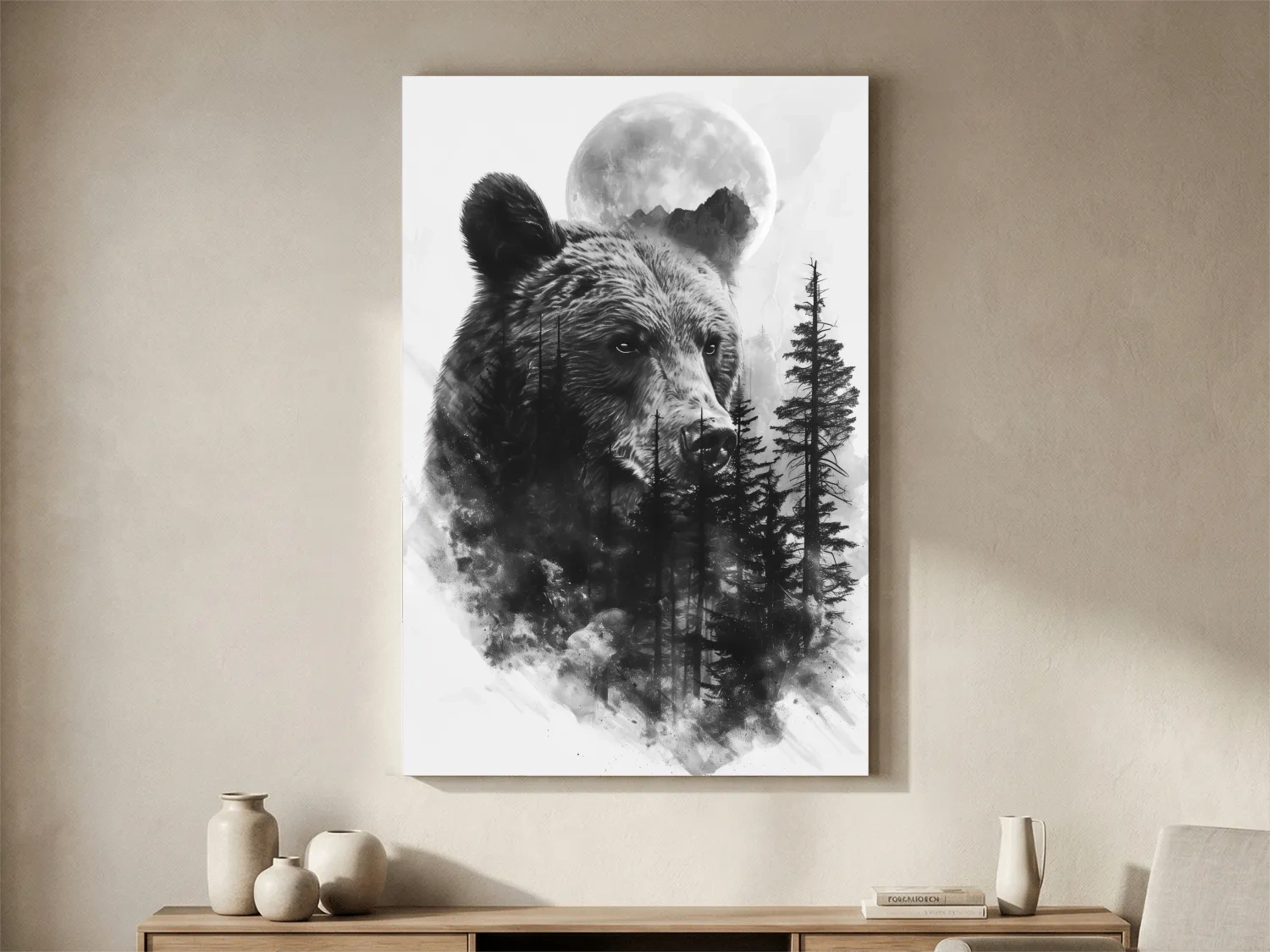 Grizzly Bear Moon Forest Drawing - Black And White Double Exposure Wildlife Wall Art