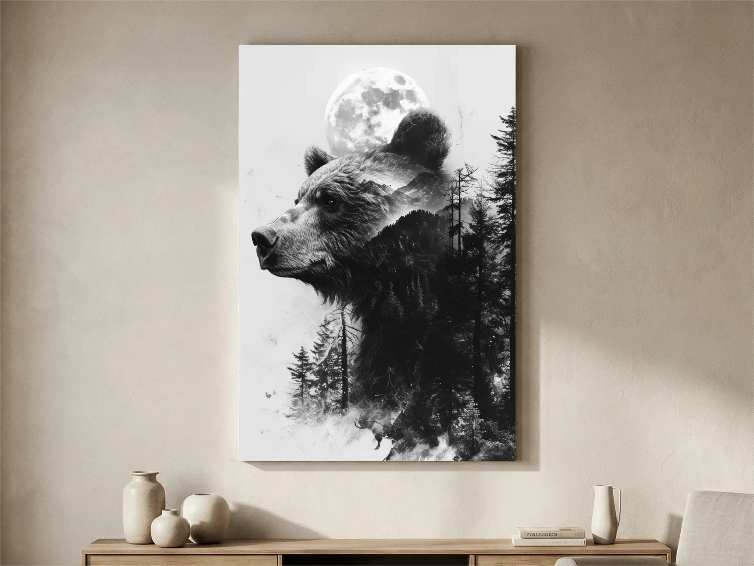 Grizzly Bear Double Exposure Drawing - Moonlit Pine Forest Wildlife Wall Art