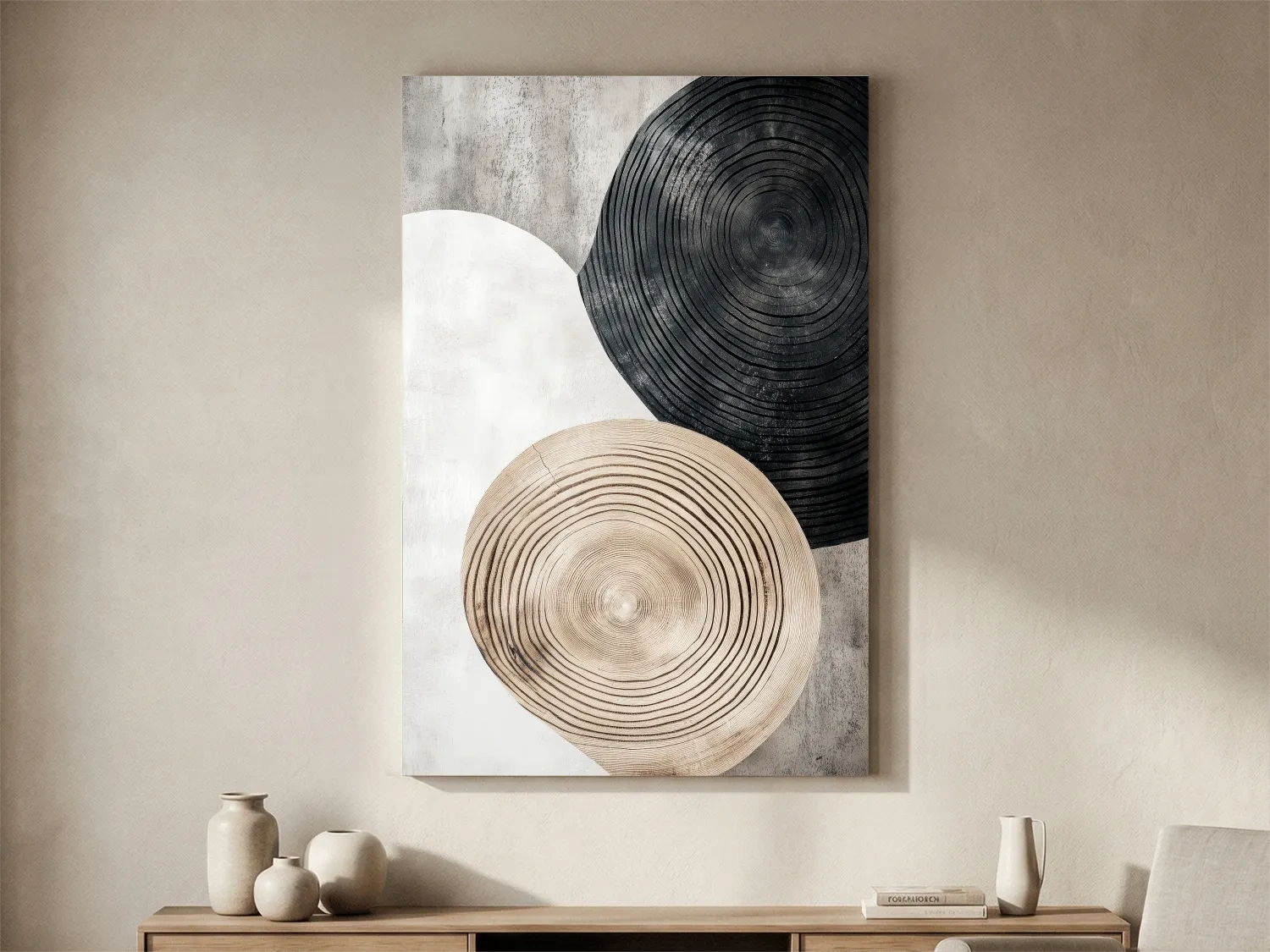 Minimalist Black Beige Wood Grain Circles - Modern Rustic Wall Art