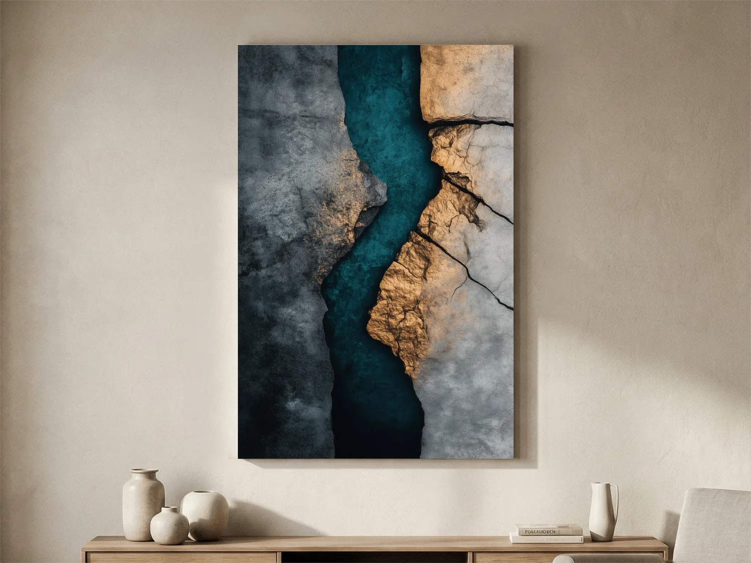 Teal River Canyon With Cracked Stone Texture - Modern Abstract Geode Wall Art