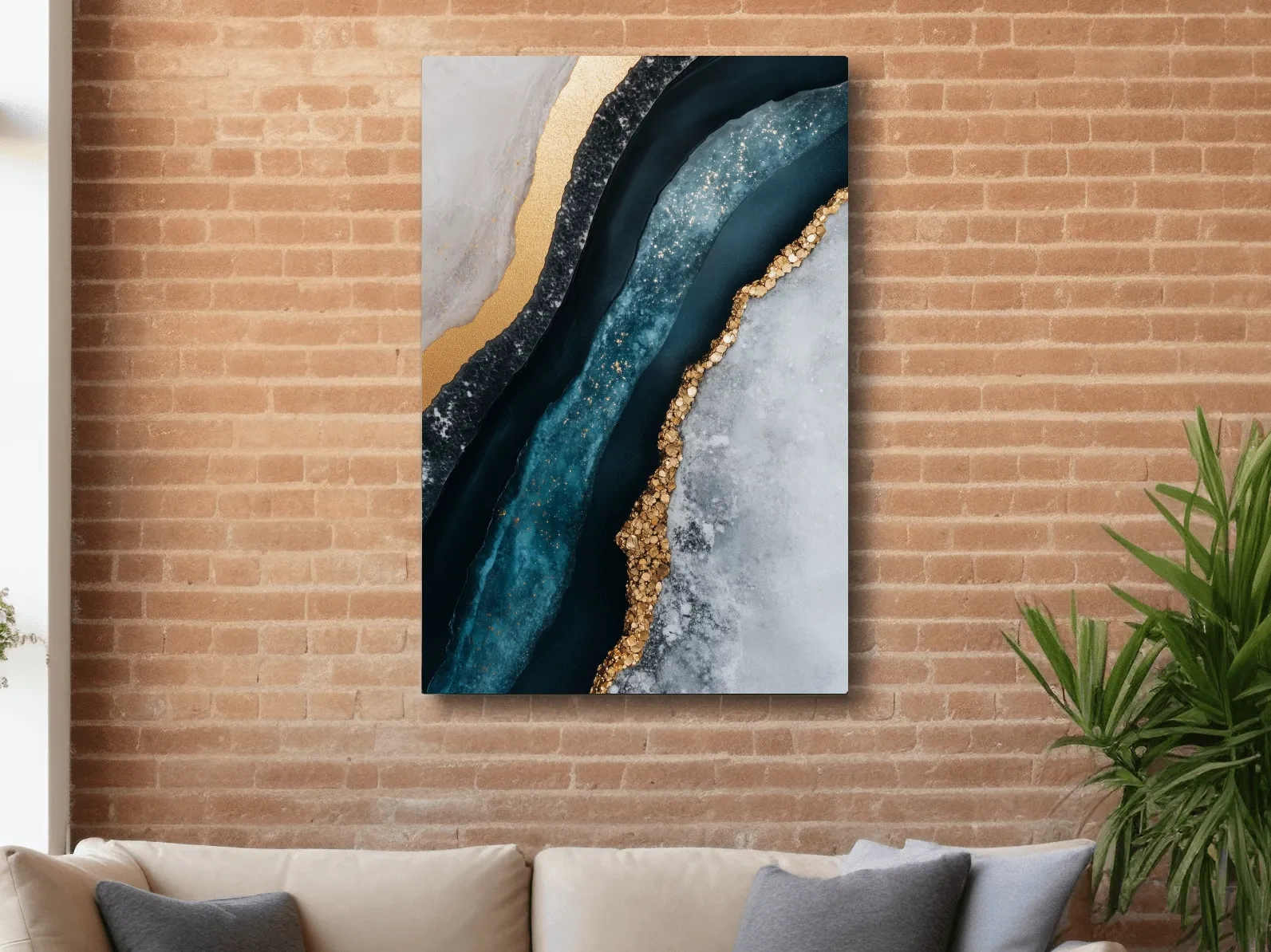 Elegant abstract geode artwork, blue and gold natural textured wall art