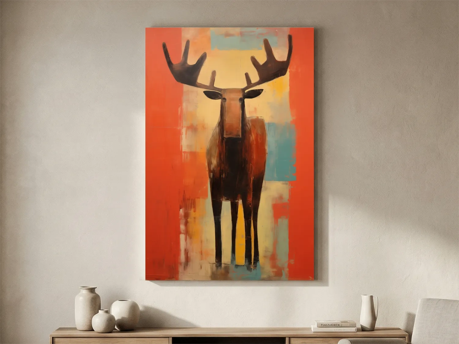 Expressionist Abstract Moose Portrait Painting - Vibrant Rustic Wildlife Wall Art