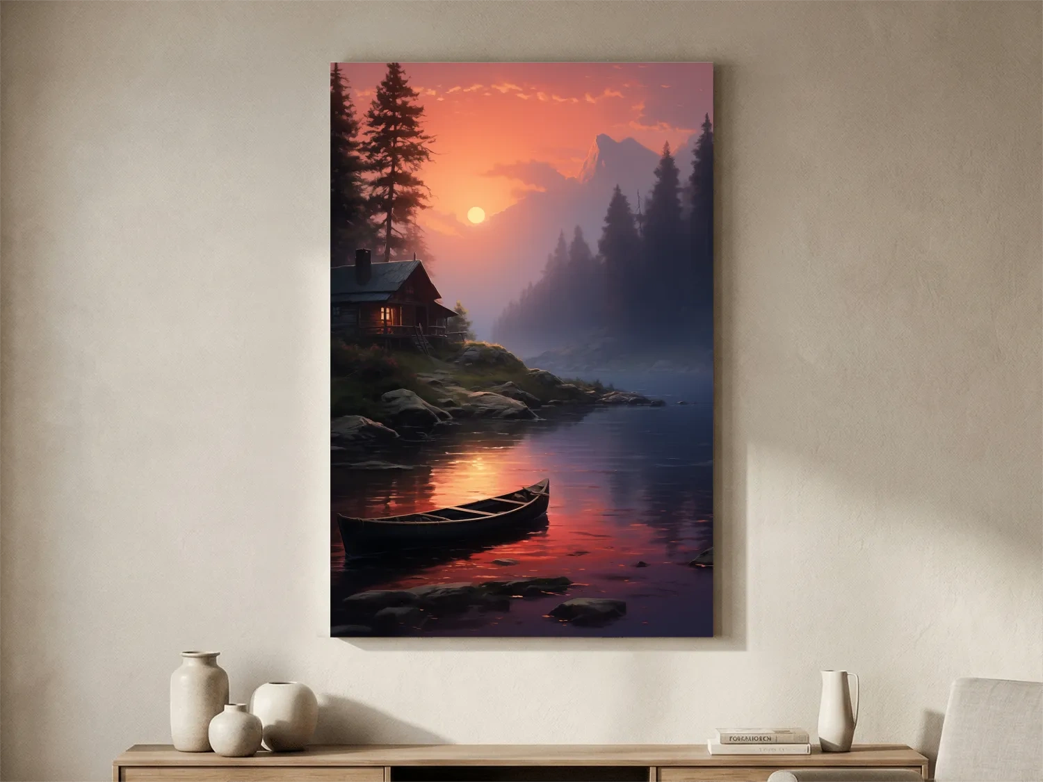 Lakeside Cabin Sunset Landscape - Cinematic Mountain Lake Wall Art