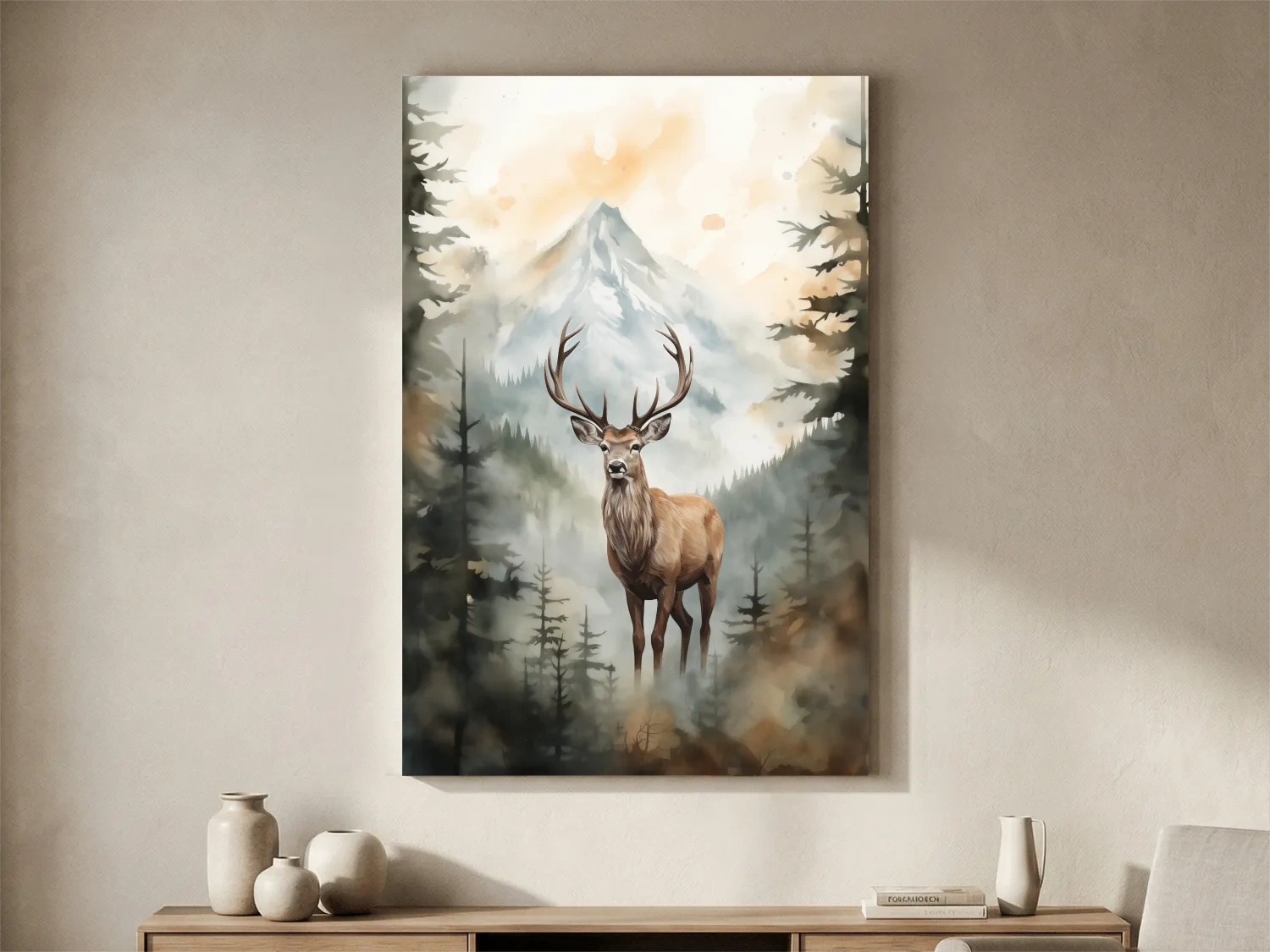 Watercolor Stag In Misty Mountain Forest - Serene Wildlife Wall Art
