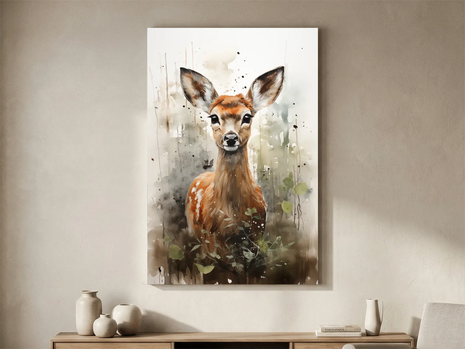 Watercolor fawn wall art, delicate forest setting artwork