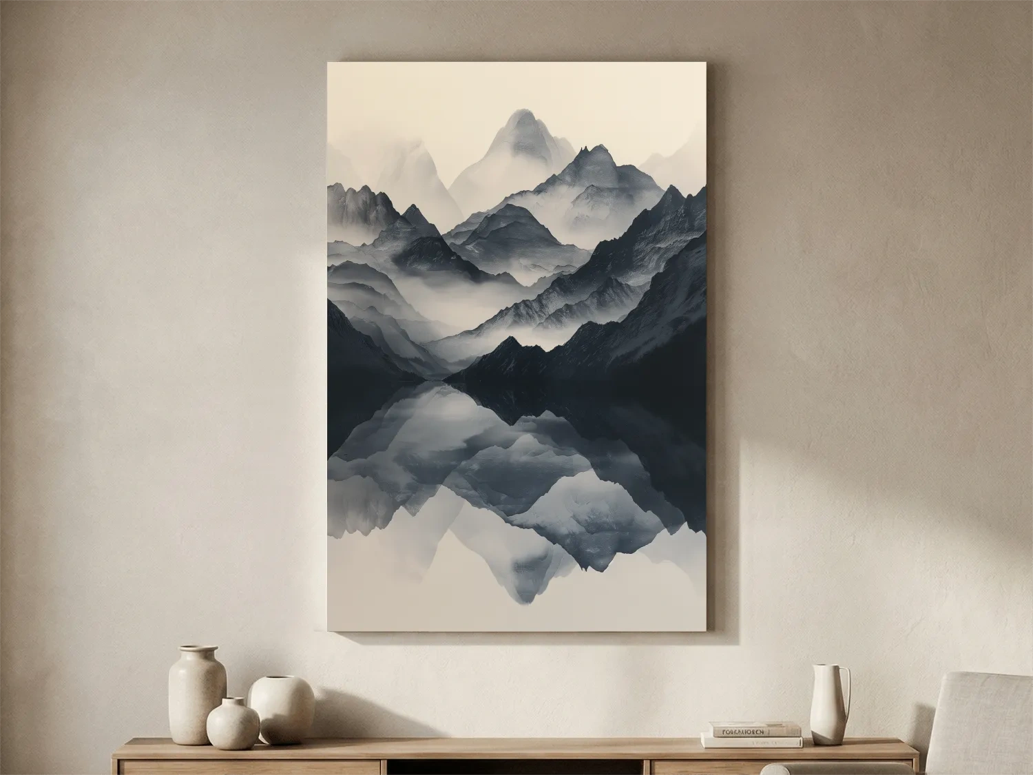 Monochrome Misty Mountain Reflection Landscape - Minimalist Japandi Wall Art