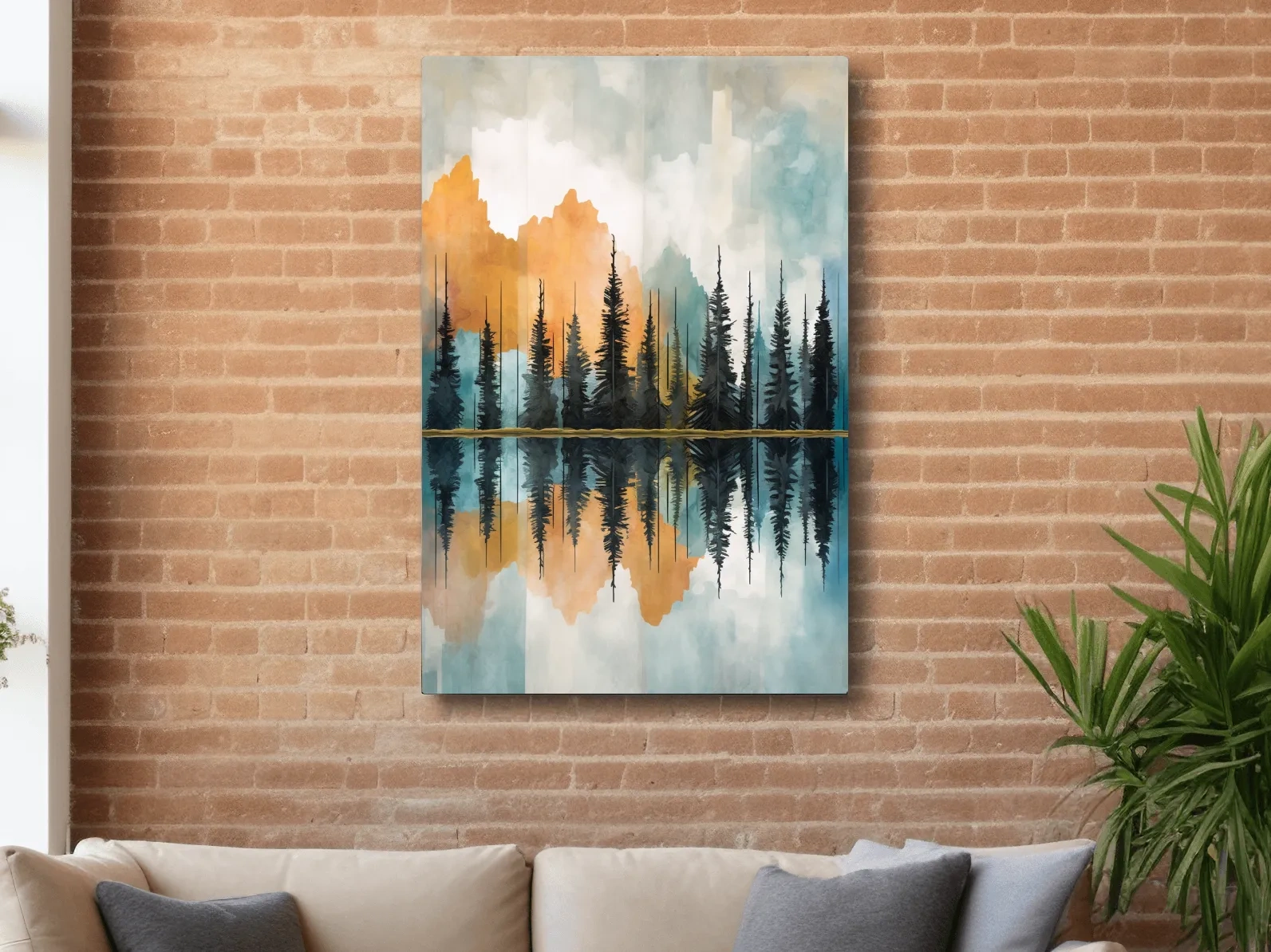 Abstract watercolour painting of trees along a lake