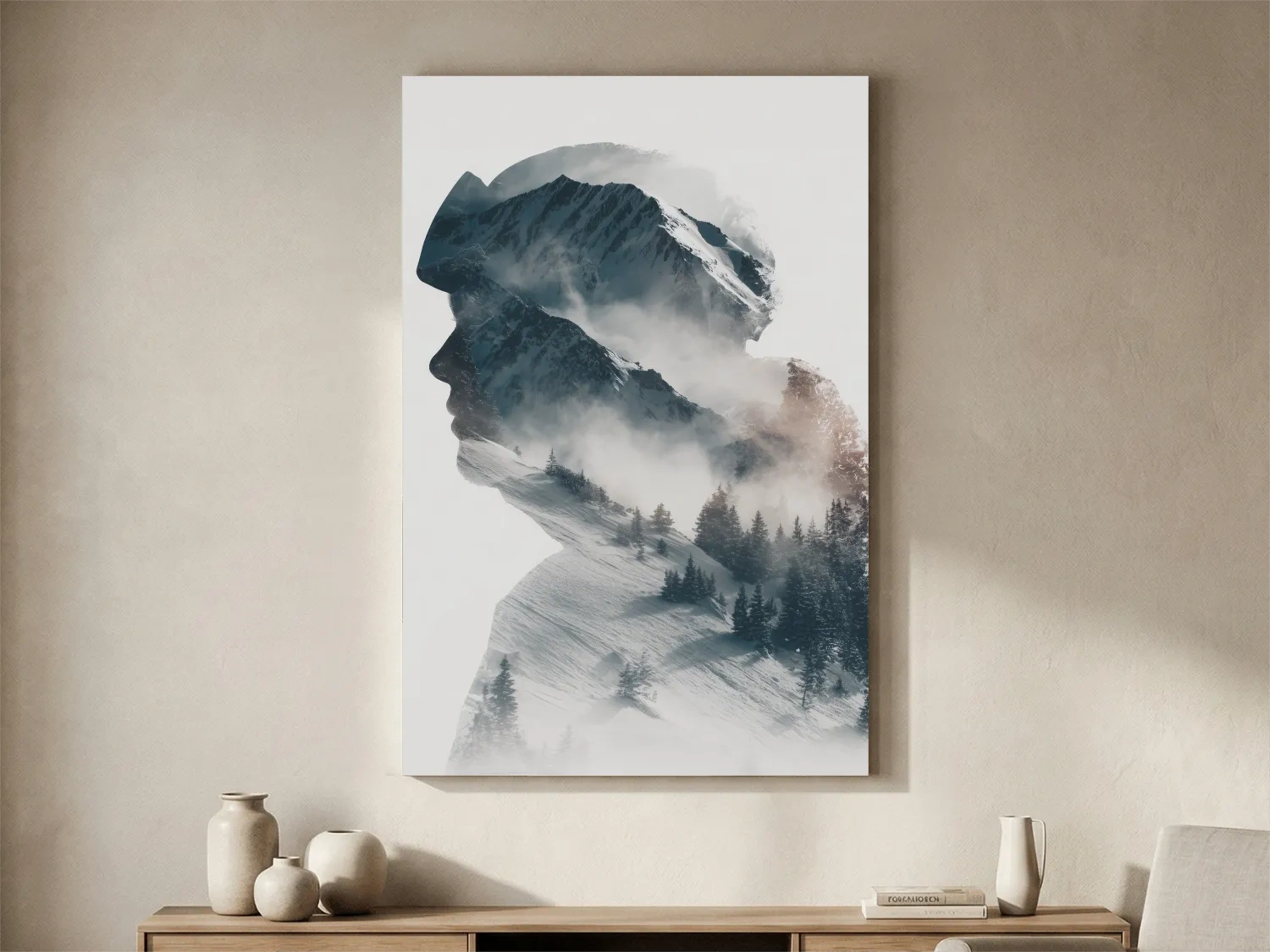 Surreal Double Exposure Skier & Mountain Portrait - Moody Misty Alpine Forest Wall Art