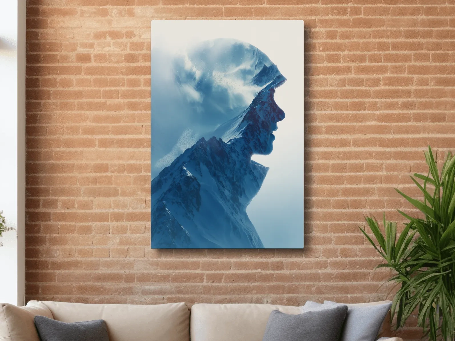 Double Exposure Mountain & Skier Portrait - Modern Snowy Alpine Wall Art