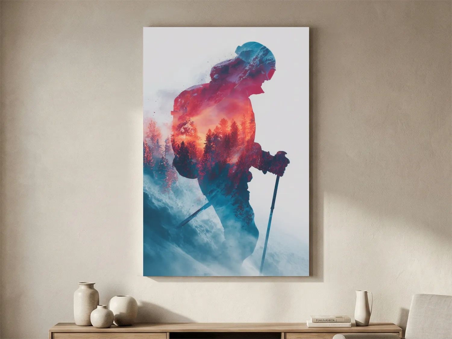 Double Exposure Skiier Silhouette Forest Sunset - Adventure Mountain Landscape Artwork