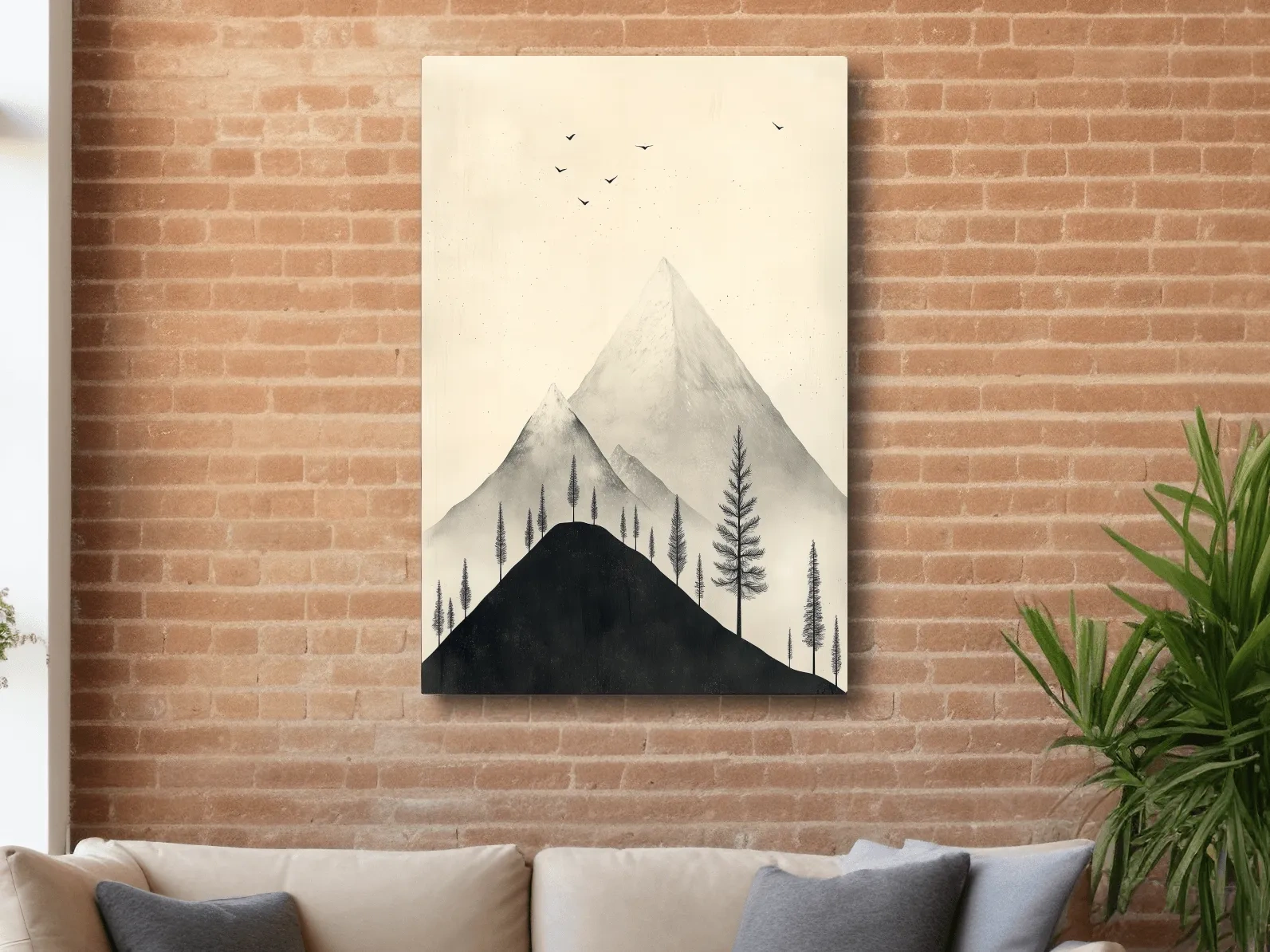 Minimalist mountain artwork with alpine trees and birds, monochrome wall art design