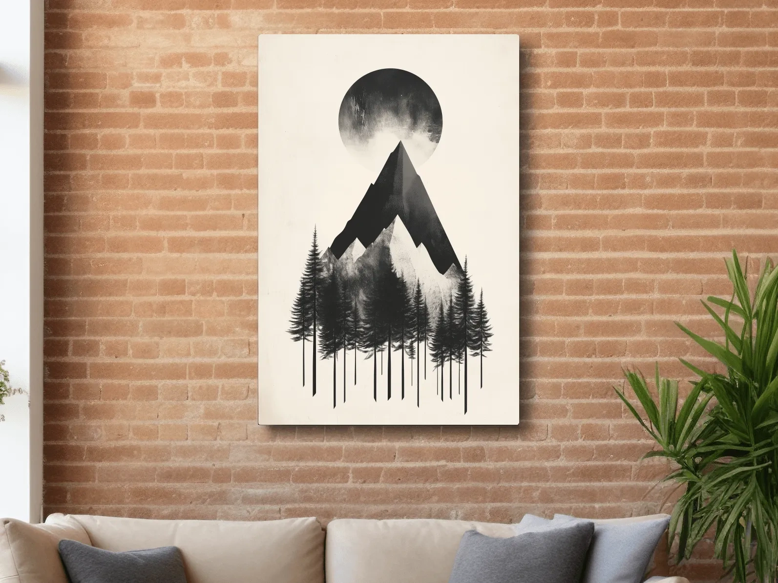 Mystical mountain and forest artwork, monochrome abstract wall art with large moon