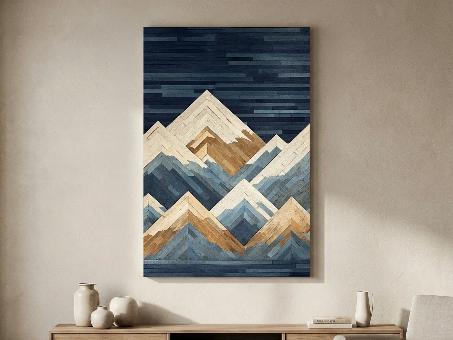 Geometric Layered Mountain Peaks - Wood Texture Landscape Wall Art