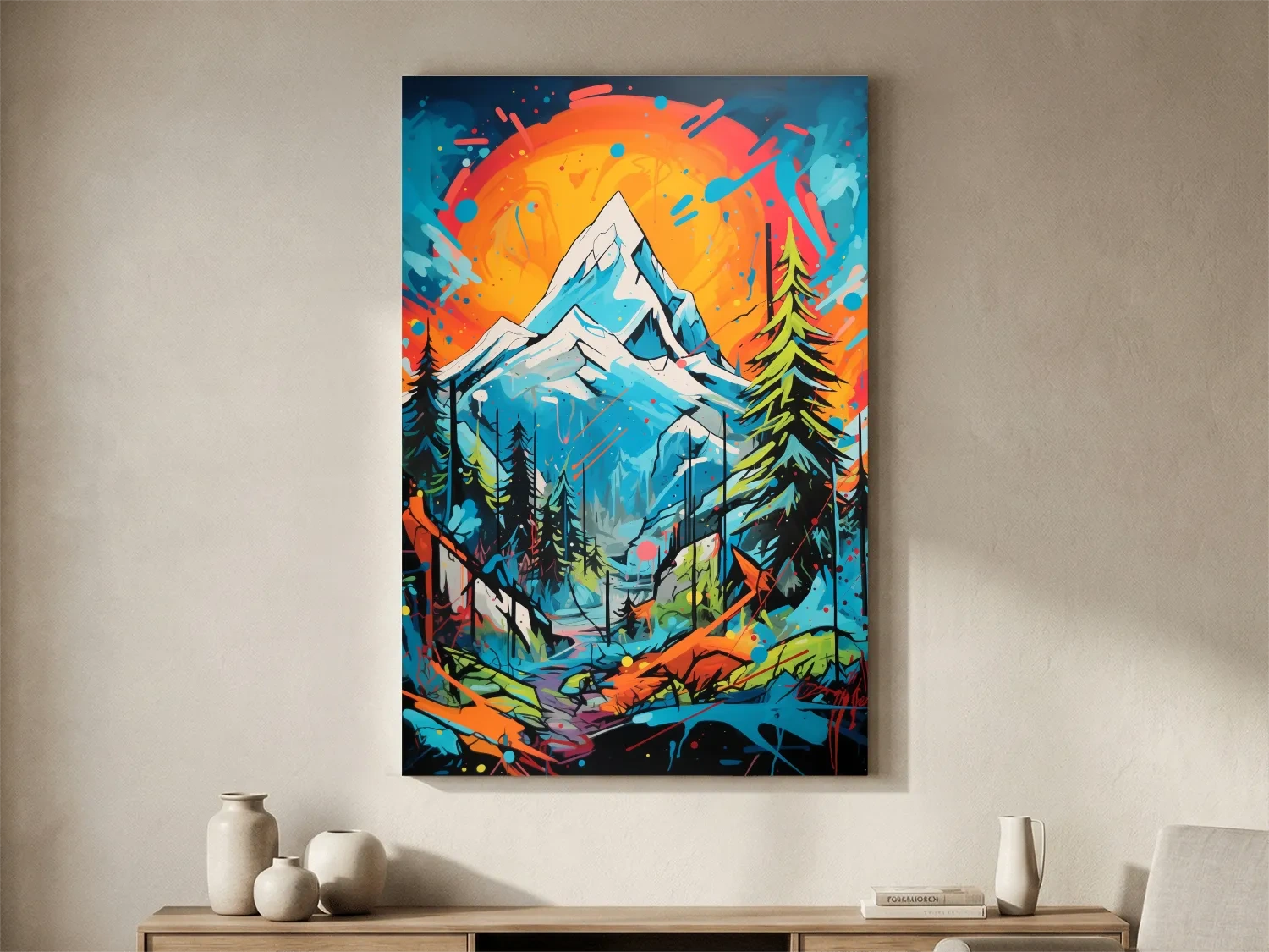 Vibrant Abstract Mountain Sunset Graffitti Painting - Colorful Pop Art Alpine Wall Art