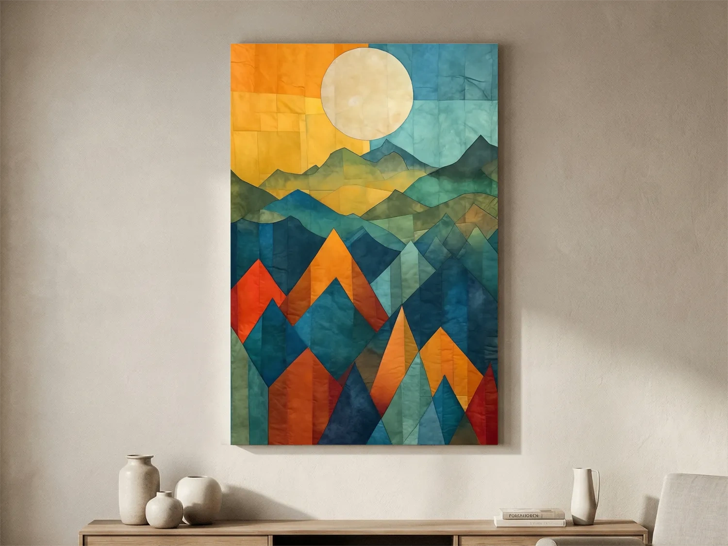 Geometric Patchwork Sunlit Mountain Range Painting - Colorful Abstract Alpine Wall Art