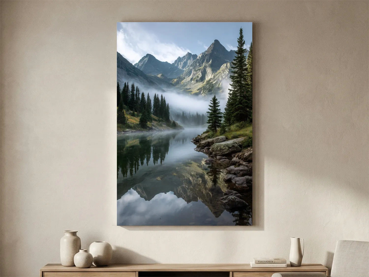 Misty Alpine Lake Photography - Serene Mountain Forest Wall Art