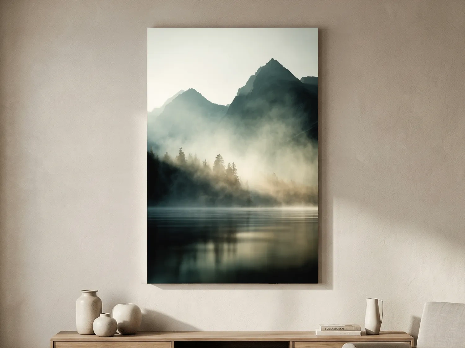 Moody Misty Mountain Lake Landscape - Serene Foggy Pine Forest Wall Art