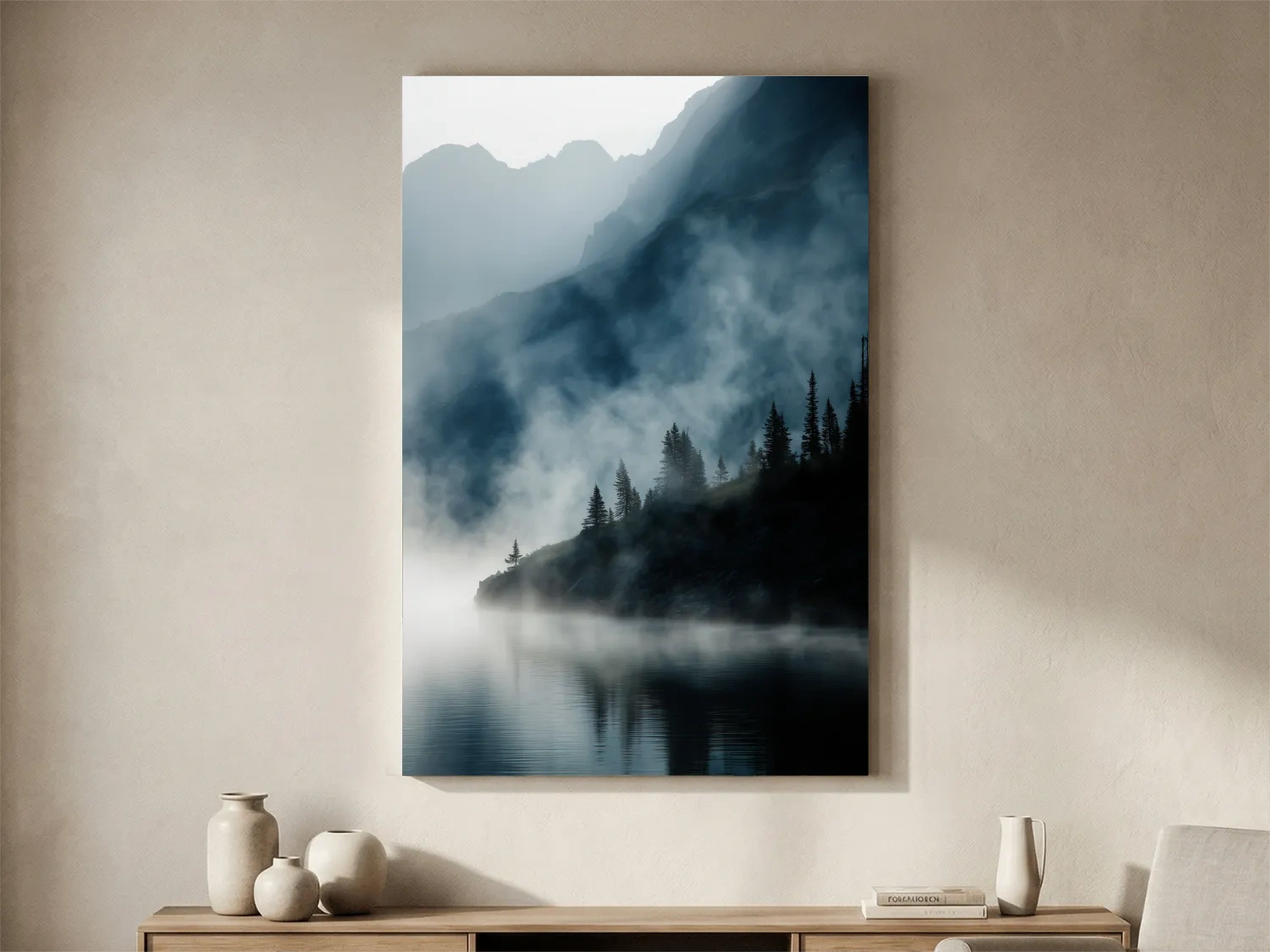 Misty Alpine Lake Landscape Photography - Foggy Pine Forest Nature Wall Art