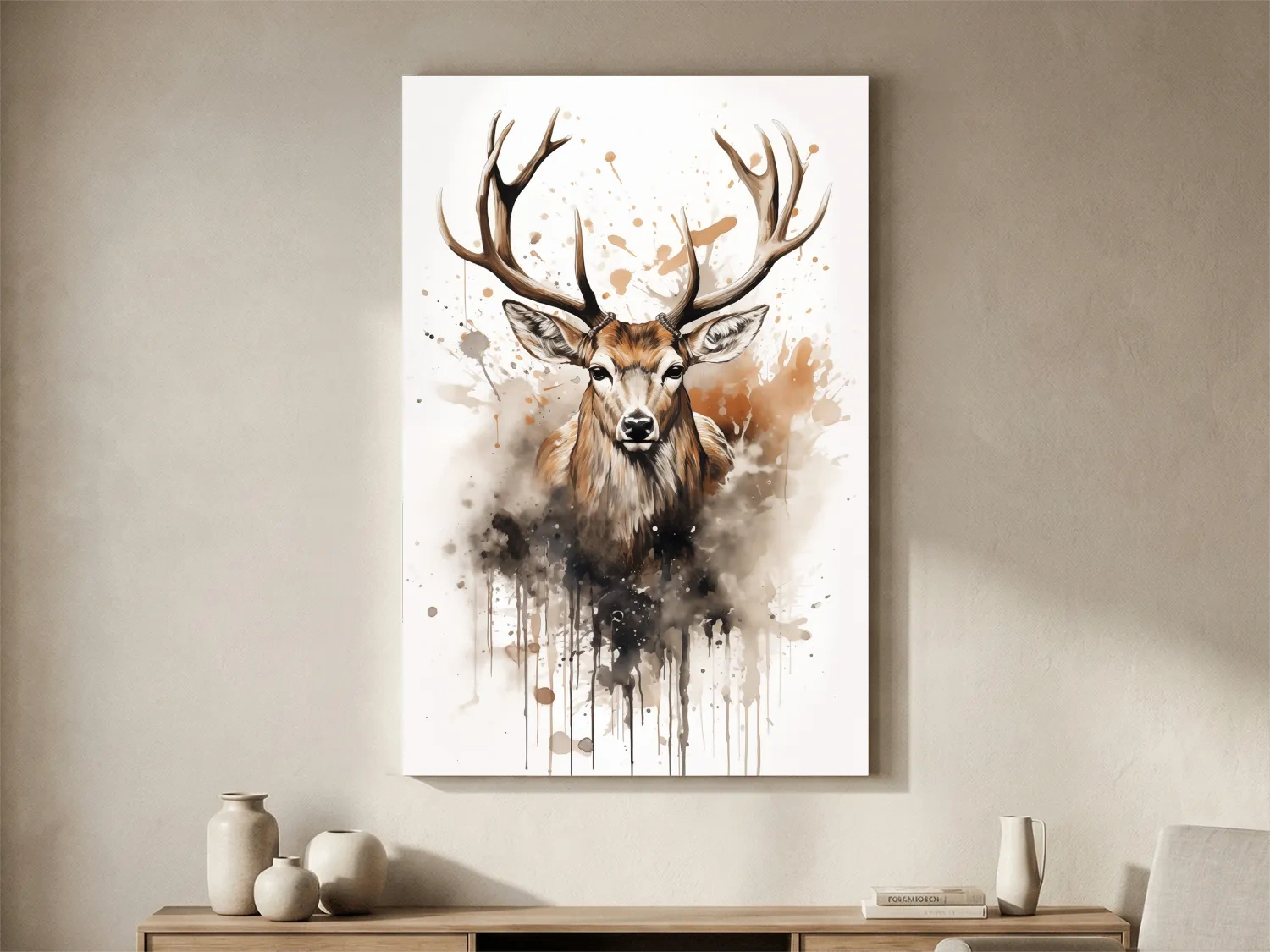 Majestic Stag Watercolor Splash Painting - Rustic Wildlife Wall Art