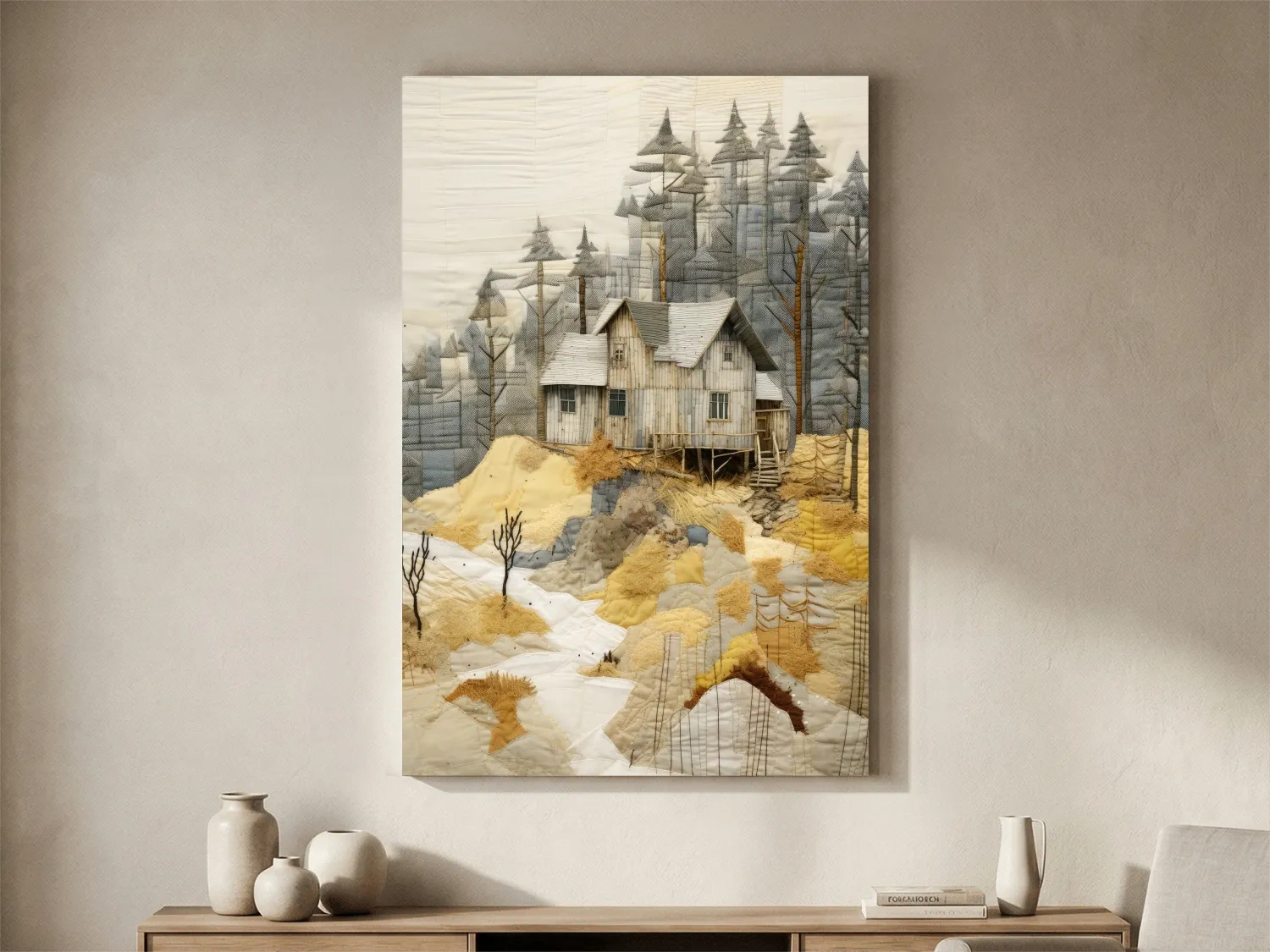 Rustic Woodland Cabin Landscape Quilt Art - Patchwork Style Mixed Media Wall Art