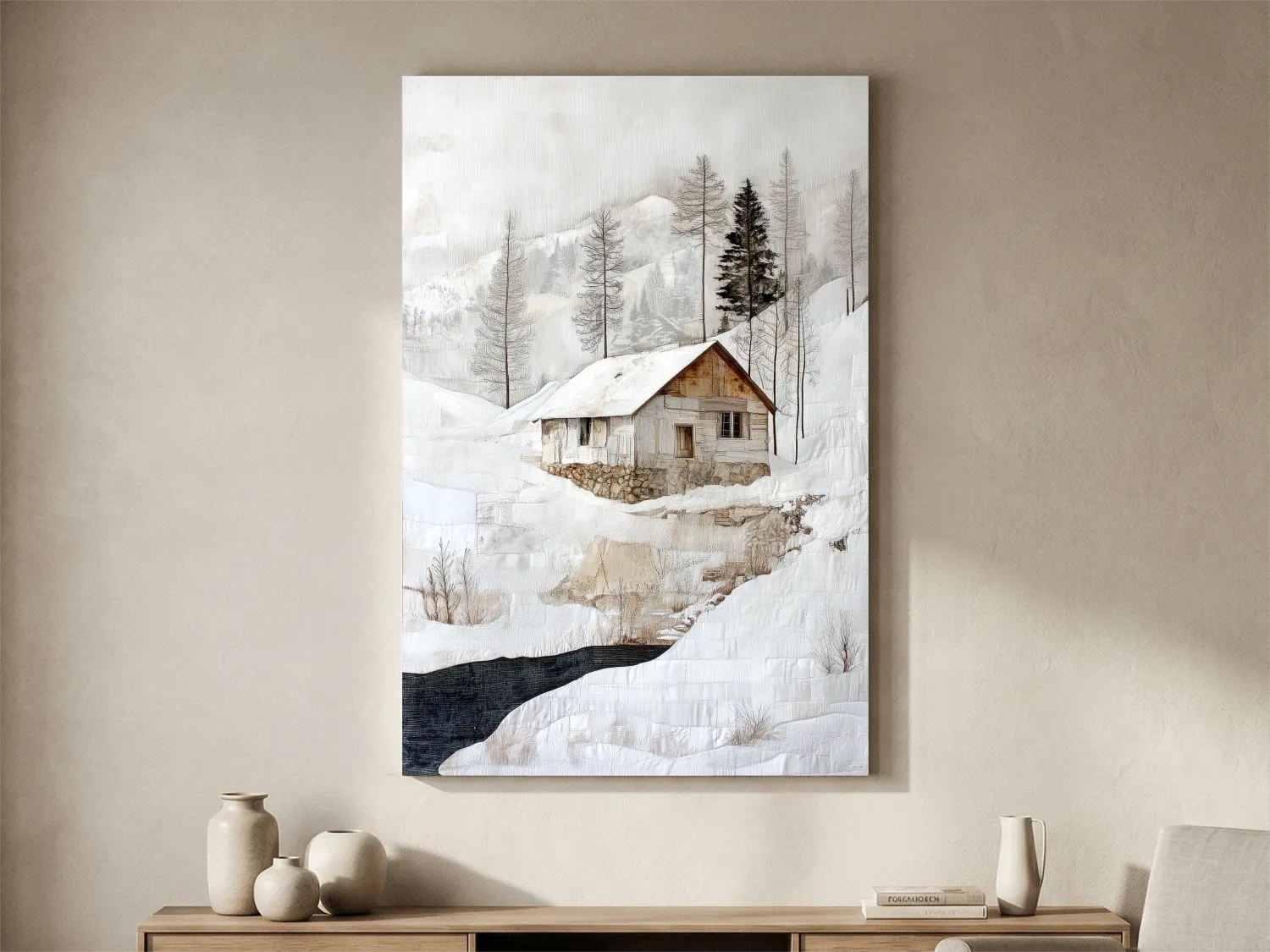 Snowy Mountain Cabin Textured Painting - Winter Landscape Wall Art