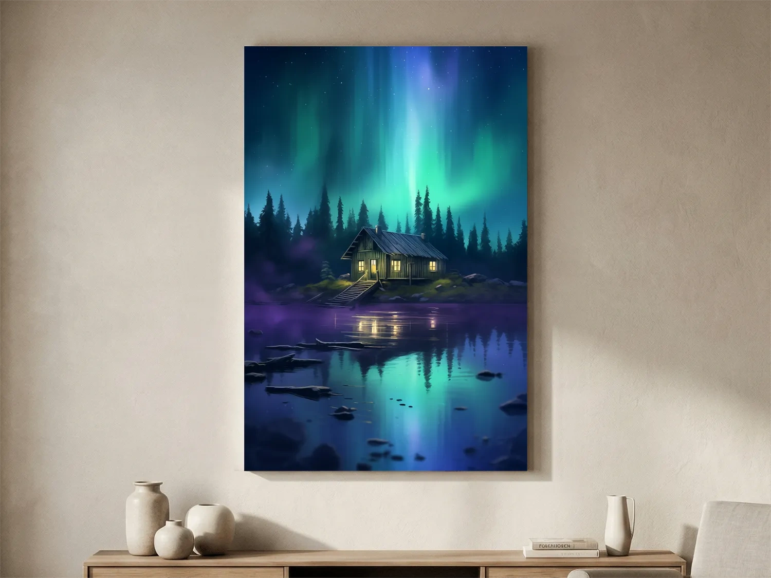 Vibrant Northern Lights Cabin Lake Painting - Aurora Borealis Night Wall Art