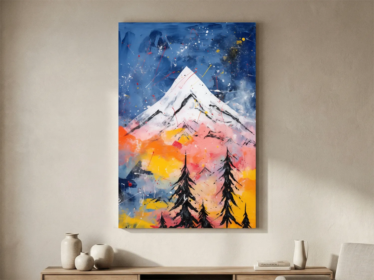 Vibrant Abstract Mountain Peak Sunset Painting - Colorful Acrylic Splash Forest Wall Art