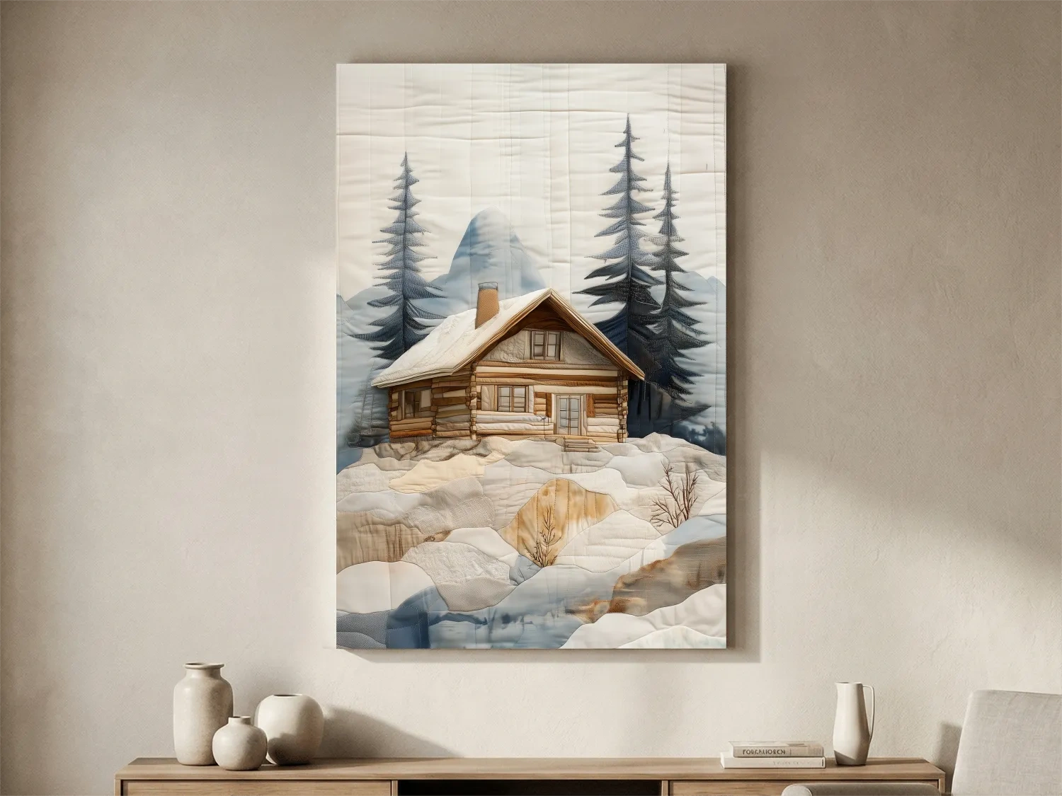 Rustic Winter Cabin In Snowy Pines - Textured Patchwork Fabric Effect Wall Art