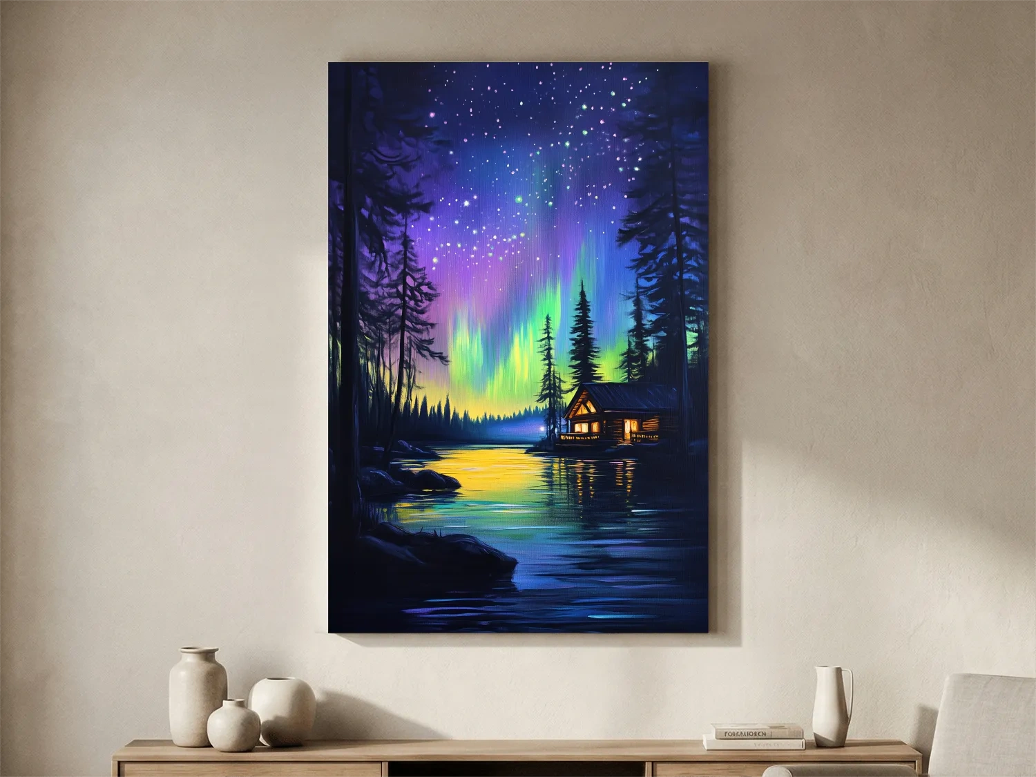 Vibrant Northern Lights Lakeside Cabin Painting - Aurora Borealis Night Landscape Wall Art