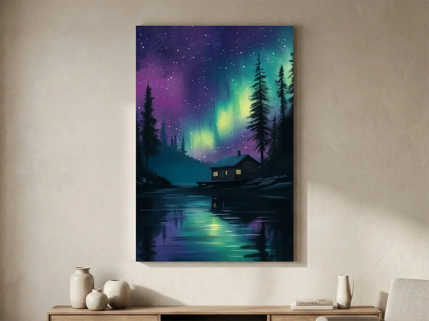 Aurora Borealis Lake Cabin Painting - Northern Lights Wall Art