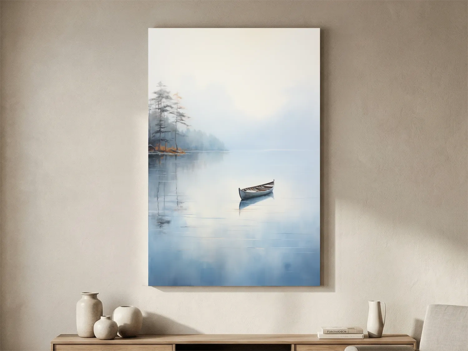 Misty Lake Canoe Reflection Painting - Serene Minimalist Waterscape Wall Art