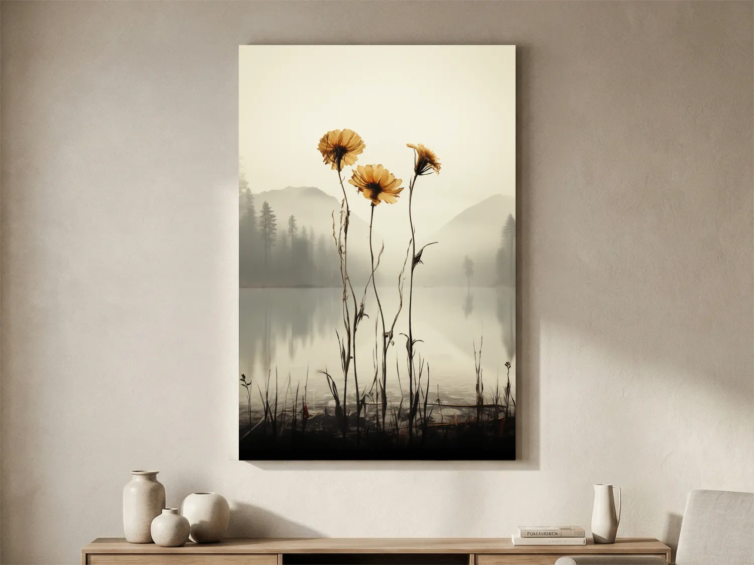 Wildflower Misty Lake Landscape - Minimalist Botanical Wall Art