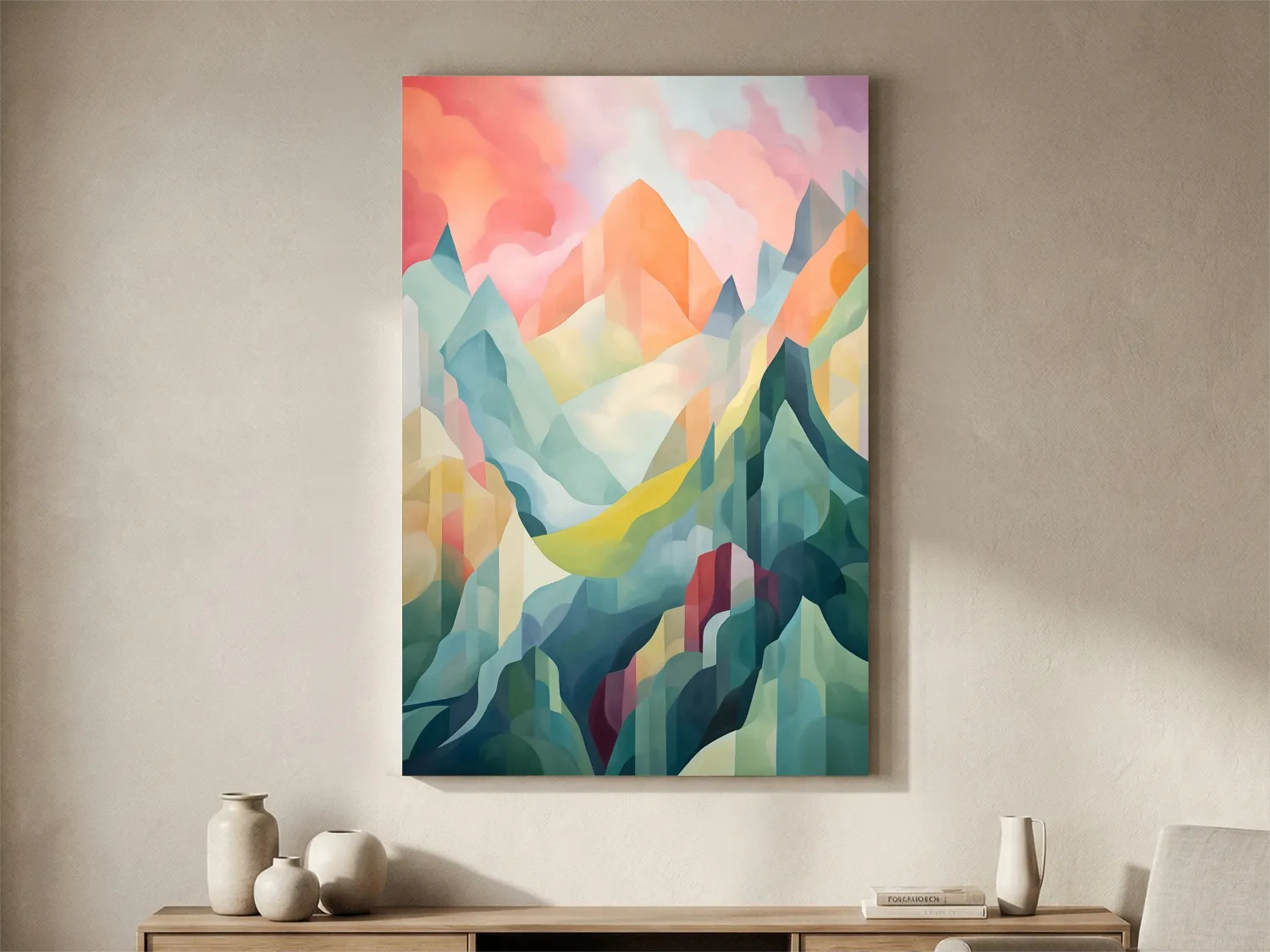 Vibrant Abstract Pastel Mountain Sunset - Geometric Watercolor Style Wall Art